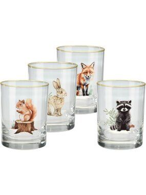 Set of 4 22k Gold Rim Double Old-Fashioned Glasses - Forest Friends Design